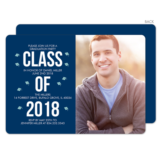 Navy Graduation Cap Confetti Photo Invitations